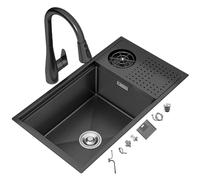 Hidden Kitchen Sink with Cover 304 Stainless Steel Black Sink with Cup Washer and Pull-Out Faucet Wear-Resistant and Scratch-Resistant(60X40CM)