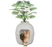 Hidden Litter Box with Faux Plant, Large Cat Litter Box with Rattan Pattern, Heavy Duty PP Material Litter Box Enclosure Furniture for Home Decor, Light Grey