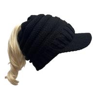 Hidden Ponytail Knit Hat, Slouchy Beanie With Visor, For Women