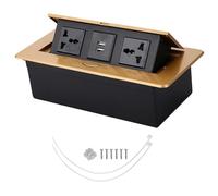 Hidden Pop-Up Desktop Socket, 250V 3 Hole Dual 2.1A USB Power Pop Up Desktop Socket Aluminum Alloy Pop Up Floor Outlet Covers Box, Recessed Power Socket for Home Office,Gold