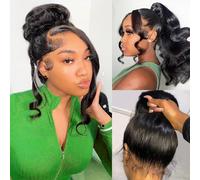 Hidden Strap Drawstring Wig Jet Black 360 Lace Front Wigs Human Hair Wig Pre Plucked Pre Cut, 200 Density Glueless Body Wave Frontal 360 Full Lace Human Hair Wigs, HD Lace Front Wigs 26 Inch