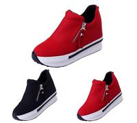 Hidden Wedge Sneakers for Women Side Wide Width Available Zipper Easy On Shoes Ladies Comfortable Platform Wedge Sneakers Chunky Bottom Soft Memory Midsole Casual Walk Shoes Size 4.5 Red
