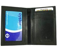 Hide and Sleek Real Leather Card Holder with Twin ID Windows Tap & Go Travel Oyster Bus ID Pass (Black No RFID)