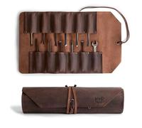 Hide & Drink, Big Tool Roll-Up Bag with 12 Slots, Workshop Storage, Woodworking Tools Organizer, Rustic Case, Full Grain Leather, Handmade, Bourbon Brown