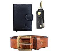 HIDE & SKIN # Leather Men's Card Holder, Belt, and Keychain Combo Gift Box, Tan Tiger, S, Casual