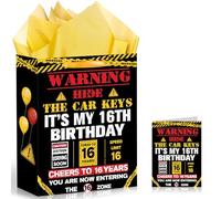 Hide The Car Keys 16th Birthday Gift Bag for Teen Driver Black Funny 16th Learner Driver Gift Bags Wrapping Paper Card Road Caution Sign Car Driving Theme Party Favor Bag Ideas for Sixteen Boys Girls