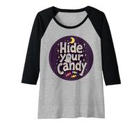 Hide Your Candy Spooky Halloween Ghost Moon Stars Raglan Baseball Tee, Women, Black/Athletic Heather, M