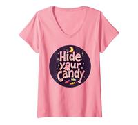 Hide Your Candy Spooky Halloween Ghost Moon Stars V-Neck T-Shirt, Women, Pink, S