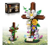 HiDectee Easter Cross Flower Building Blocks Set - Jesus Botanical Lily Cross with Bunny, Lamb & Eggs - Religious Christian Gifts for Women & Adults - Spring Resurrection Home Decor