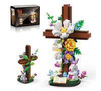 HiDectee Easter Cross Flower Building Blocks Set - Jesus Botanical Lily Cross with Bunny, Lamb & Eggs - Religious Christian Gifts for Women & Adults - Spring Resurrection Home Decor