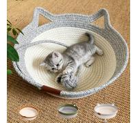 HIDRUO Handwoven Cat Basket with Hanging Ball Toy, Natural Cotton Rope Scratcher with Interactive Toy Ball, Cozy Foldable Nest for Indoor Cats & Kittens (Grayish white, L: (cats under 25 lbs))