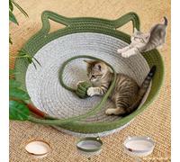 HIDRUO Handwoven Cat Basket with Hanging Ball Toy, Natural Cotton Rope Scratcher with Interactive Toy Ball, Cozy Foldable Nest for Indoor Cats & Kittens (Army green, S: (cats under 6 lbs))