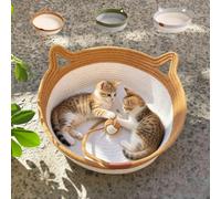 HIDRUO Handwoven Cat Basket with Hanging Ball Toy, Natural Cotton Rope Scratcher with Interactive Toy Ball, Cozy Foldable Nest for Indoor Cats & Kittens (Caramel, S: (cats under 6 lbs))