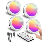 HiDure Rechargeable RGB Puck Lights with Remote Control, Battery Operated Stick On for Under Cupboard Touch Light LED Coloured Kitchen Cabinet Magnetic USB Spot Display Shelf Bookcase, 4 Pack