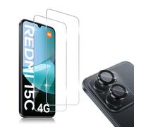 HidWee Screen Protector Compatible with Xiaomi Redmi 15C 4G Screen Protector, 2 Pieces Each Tempered Glass Screen Protectors and 1 Pieces Camera Lens Protectors, 9H Hardness Anti-Scratch Protective