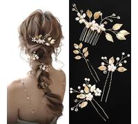 Hieeppitn-Elegant Bridal Wedding Hair Accessories Set of 4, Vintage Gold Leaf Pearls and Crystals Hair Combs, Gorgeous Women's Wedding Hair Decorations for all occasions