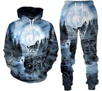 hiegi 3D Wolf Men's Tracksuit, Hoodies+Long Trousers, Jogging Suit, 2-Piece Set for Men, 5XL