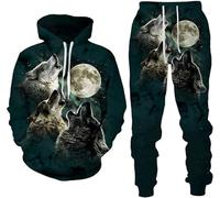 hiegi 3D Wolf Men's Tracksuit, Hoodies+Long Trousers, Jogging Suit, 2-Piece Set for Men, M