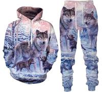hiegi 3D Wolf Men's Tracksuit, Hoodies+Long Trousers, Jogging Suit, 2-Piece Set for Men, M