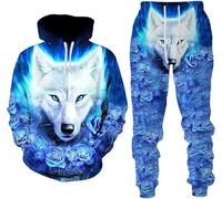 hiegi 3D Wolf Men's Tracksuit, Hoodies+Long Trousers, Jogging Suit, 2-Piece Set for Men, XXL