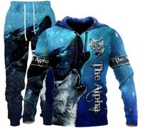 hiegi Men's Athletic 2-Piece 3D Lion Tiger Wolf Tracksuit Casual Jogging Sweat Suit Set Hoodie Set, Fwolf-4, S