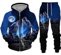 hiegi Wolf Jogging Suit Sports Suit Men's Hoodie Set 3D Wolf Hoodie + Jogging Bottoms Men's Sweatshirt Trousers, F-wolf 1, L