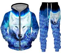 hiegi Wolf Jogging Suit Sports Suit Men's Hoodie Set 3D Wolf Hoodie + Jogging Bottoms Men's Sweatshirt Trousers, F-wolf 2, XL