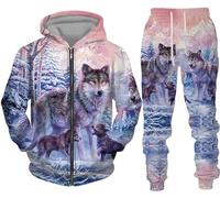 hiegi Wolf Jogging Suit Sports Suit Men's Hoodie Set 3D Wolf Hoodie + Jogging Bottoms Men's Sweatshirt Trousers, F-Wolf 4, S