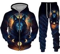 hiegi Wolf Jogging Suit Sports Suit Men's Hoodie Set 3D Wolf Hoodie + Jogging Bottoms Men's Sweatshirt Trousers, F-wolf 6, L