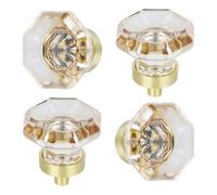 HIEMEY 4 Pack Glass Cabinet Knobs and Pulls,Octagon Champagne Crystal Knobs for Dresser Drawer with Satin Brass/Brushed Gold Base