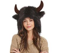 Hiemible Unisex Faux Furs Buffalo Hats With Horns, Winter Warm Fluffyss Earflap Vikings Hats, Plush Horn Cap Beanies Ear Headwear For Animal Cosplay Party Halloween, Furry Cap For Outdoor