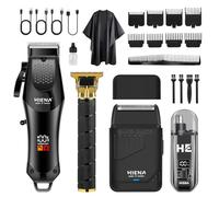 HIENA PRO Professional Hair Clipper Set for Men, Cordless Barber Trimmer and Electric Foil Shaver, Nose Hair Trimmer, Hair Cutting Kit, R-Type Adjustable Blade, LED Display, USB Charging