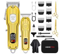 HIENA PRO Professional Hair Clippers Set for Men, Cordless Barber Clipper T-Blade Trimmer Set, Electric Hair Cutting Machine Kit, USB Rechargeable Clipper Set for Barbers with LED Display (Gold)