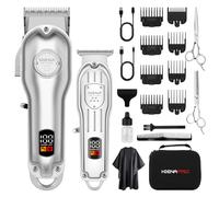 HIENA PRO Professional Hair Clippers Set for Men, Cordless Barber Clipper Trimmer Set, Hair Cutting Machine Kit, Rechargeable Clipper Set for Barbers with LED Display (Silver)