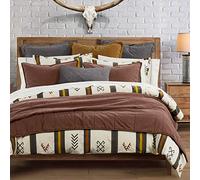 HiEnd Accents Toluca Canvas Western Bedding 3 Piece King Duvet Covet Set, Cattle Brand Symbols Print, Striped Cotton Rustic Cabin Lodge Bed Set, 1 Comforter Cover, 2 Pillowcases