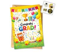 Hieprints Congrats Grad Cute Kids Graduation Card Trophy Balloon Cartoon Design Preschool Kindergarten Graduation Card Gift for Children Single 5.3'' x 8'' Folded with Envelope