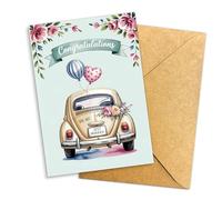 Hieprints Congratulations Just Married Wedding Card Vintage Car Balloon Illustration Romantic Newlywed Message for Bride and Groom Gift Single 5.3'' x 8'' Folded with Envelope