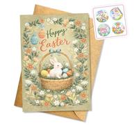 Hieprints Happy Easter Bunny Basket Greeting Card Vintage Floral Easter Card Cute Rabbit Egg Wreath Spring Holiday Card Sweet Easter Gift for Family Single 5.3'' x 8'' Folded with Envelope