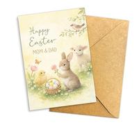 Hieprints Happy Easter Bunny, Lamb, and Chick with Easter Eggs Design Greeting Card for Mom and Dad 5.3'' x 8'' Folded with Envelope