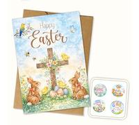 Hieprints Happy Easter Cross with Bunnies and Chicks Springtime Religious Easter Greeting Card Single 5.3'' x 8'' Folded with Envelope