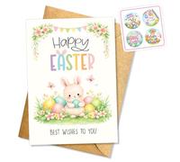 Hieprints Happy Easter Cute Bunny Greeting Card Pastel Rabbit and Easter Eggs Spring Holiday Card Sweet Easter Wishes Gift Single 5.3'' x 8'' Folded with Envelope