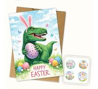 Hieprints Happy Easter Dinosaur with Bunny Ears Holding Egg Cute Spring Greeting Card Single 5.3'' x 8'' Folded with Envelope