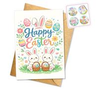 Hieprints Happy Easter Greeting Card Cute Bunny Couple with Easter Eggs Kids Easter Card Spring Holiday Card for Family Friends Children Single 5.3'' x 8'' Folded with Envelope
