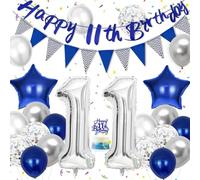 Hierein 11th Birthday Decorations, Blue Silver Birthday Balloons Party Decoration With 11th Banner, Cake Toppers and Triangle Flags, 11 Blue Party Decoration for Him