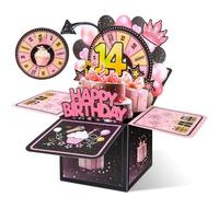 Hierein 14th Birthday Card, 3D Pop Up 14th Happy Birthday Card for Girl, Sweet Pink Popup Gift Box Greeting Cards for 14 Year Old Daughter Granddaughter Sister Niece Gift Decoration
