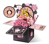 Hierein 15th Birthday Card, 3D Pop Up 15th Happy Birthday Card for Girl, Sweet Pink Popup Gift Box Greeting Cards for 15 Year Old Daughter Granddaughter Sister Niece Gift Decoration