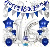 Hierein 16th Birthday Decorations for Boys, Silver Blue Balloons Party Decoration With Happy Birthday 16th Banner, Cake Toppers and Triangle Flags, 16 Blue Party Decoration for Him