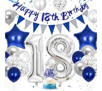 Hierein 18th Birthday Decorations, Blue Silver Balloons Party Decoration for Boys, Decor with 18th Happy Birthday Banner Cake Toppers Triangle Bunting, 18 Blue Party Decoration for Him