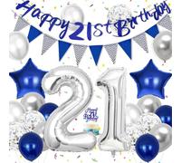 Hierein 21st Birthday Decorations, Blue and Silver 21 Birthday Balloons for Boys, Party Decoration With 21st Banner, Cake Toppers and Bunting Flags, 21 Blue Party Decoration for Him