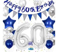 Hierein 60th Birthday Decorations, Blue Silver Latex Birthday Balloons for Men, Men Party Decorations Set With 60th Banner, Cake Toppers and Triangle Flags, 60 Blue Party Decoration for Him